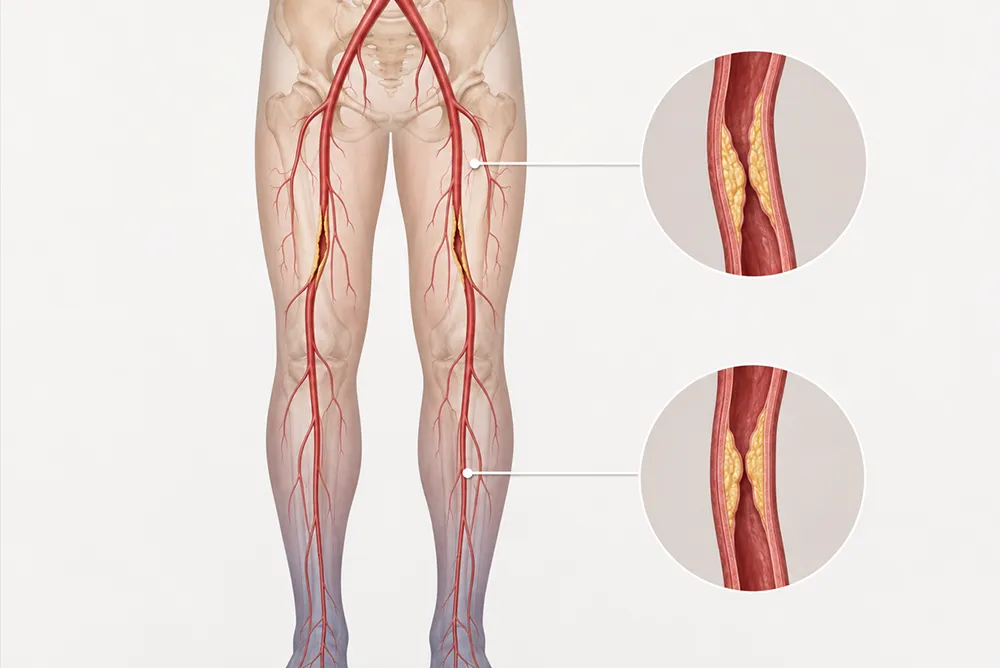 Sch&eacute;ma d&rsquo;art&eacute;riopathie des membres inf&eacute;rieurs montrant un r&eacute;tr&eacute;cissement des art&egrave;res des jambes