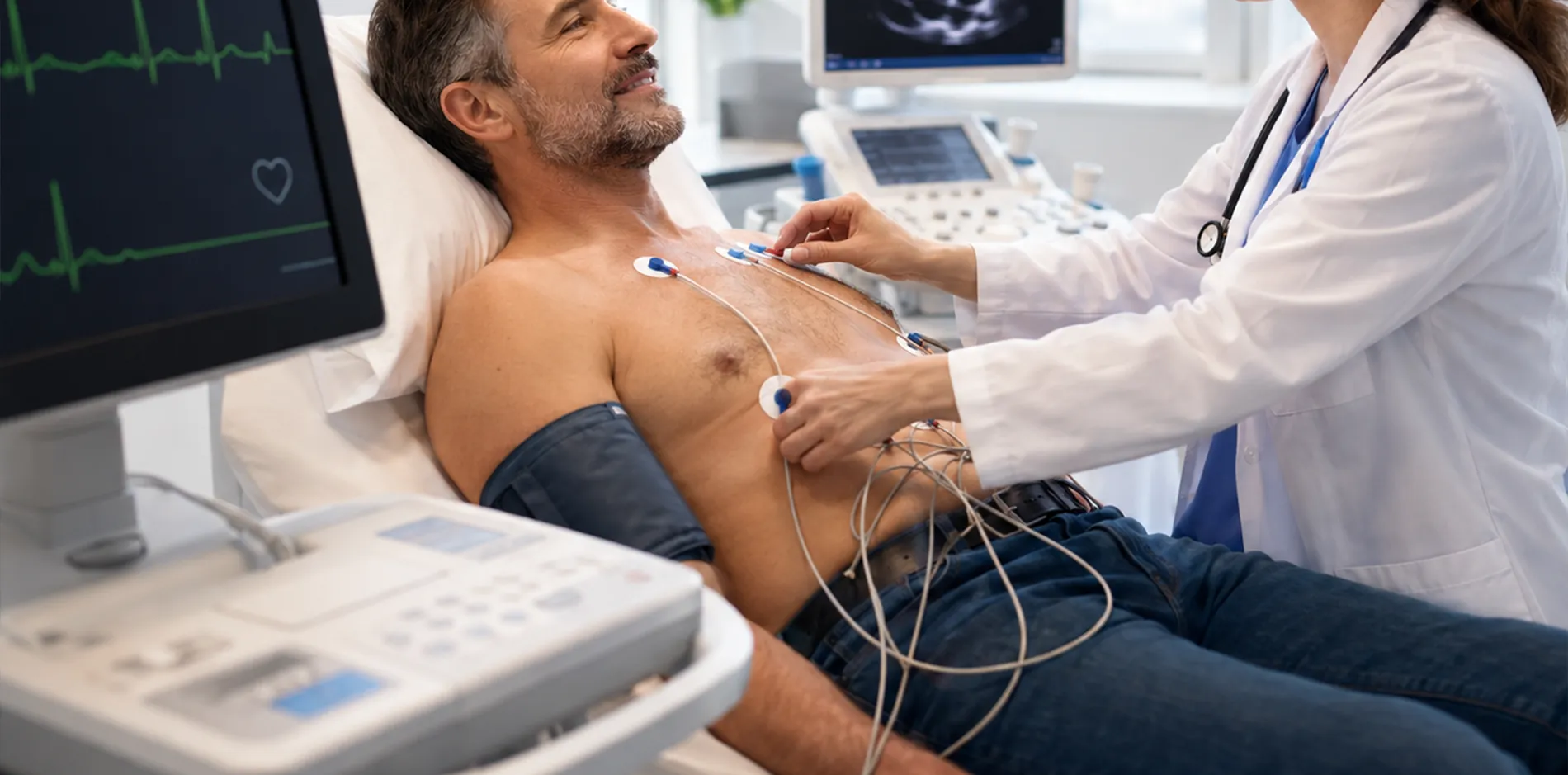Patient r&eacute;alisant des examens cardiologiques avec &eacute;lectrocardiogramme et &eacute;chocardiographie en consultation sp&eacute;cialis&eacute;e