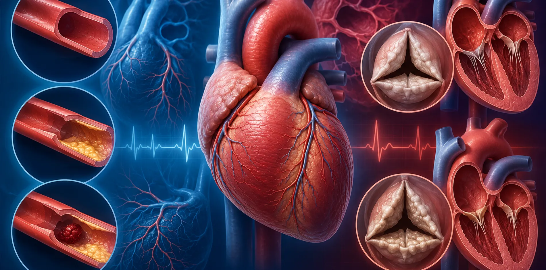 Illustration des maladies coronaires et valvulopathies montrant l&rsquo;ath&eacute;roscl&eacute;rose des art&egrave;res coronaires et les anomalies des valves cardiaques