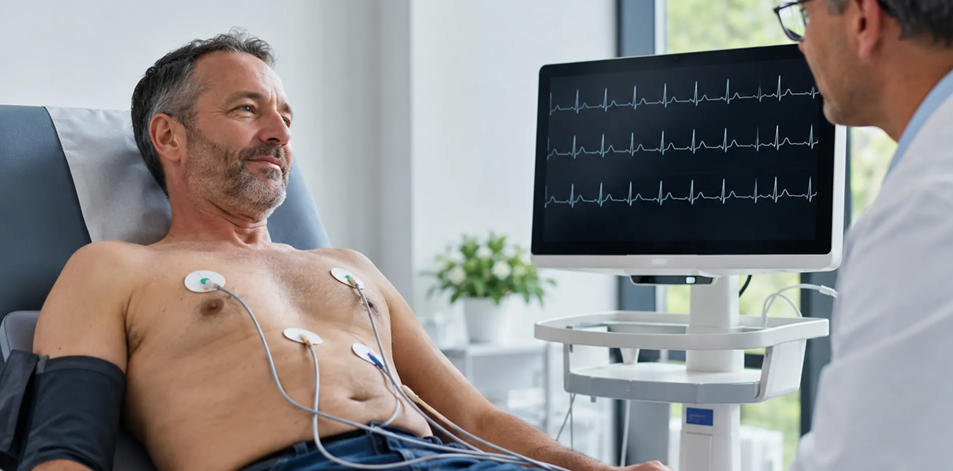 Patient r&eacute;alisant un &eacute;lectrocardiogramme en consultation de cardiologie pour le diagnostic d&rsquo;un trouble du rythme cardiaque