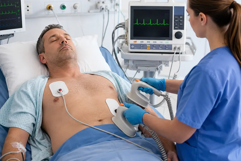 Cardioversion &eacute;lectrique externe r&eacute;alis&eacute;e sous surveillance cardiaque pour traiter un trouble du rythme