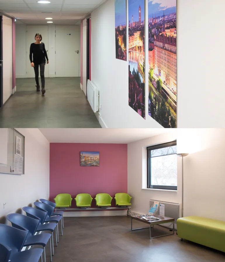 Couloir d&rsquo;accueil et salle d&rsquo;attente du centre de consultation cardiologique et vasculaire &agrave; Lyon
