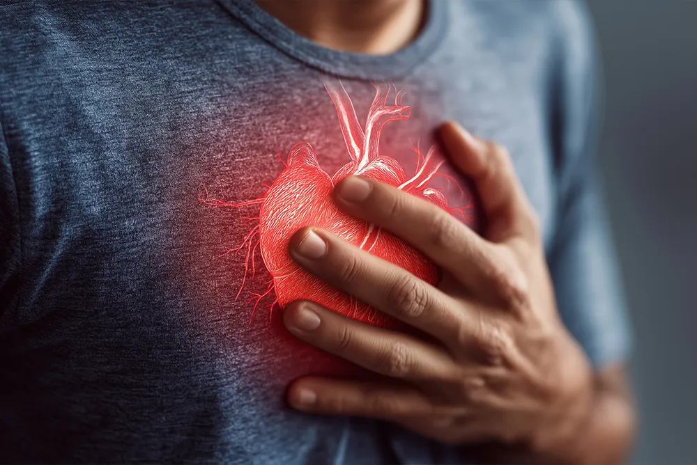 Illustration de l&rsquo;insuffisance cardiaque avec douleur thoracique et diminution de la fonction de pompage du c&oelig;ur