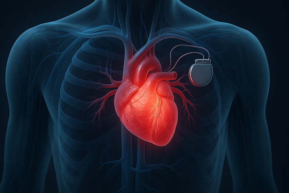 Pacemaker implant&eacute; pour r&eacute;guler le rythme cardiaque en cas de bradycardie ou de trouble de conduction