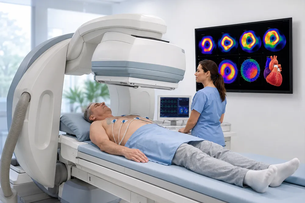 Scintigraphie myocardique &eacute;valuant la perfusion du muscle cardiaque au repos ou &agrave; l&rsquo;effort