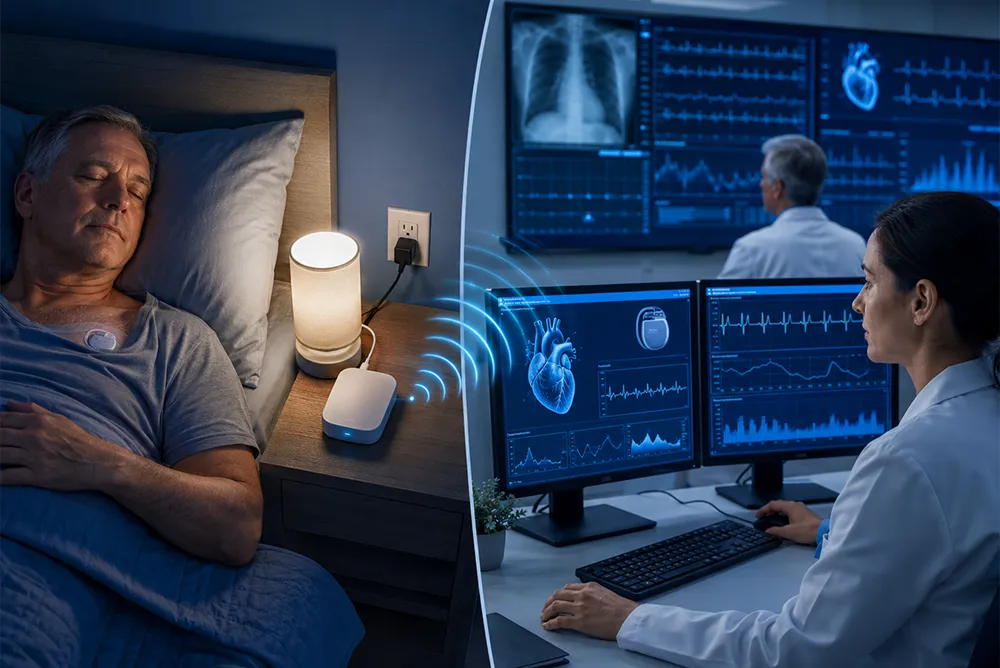T&eacute;l&eacute;cardiologie avec surveillance cardiaque &agrave; distance et transmission des donn&eacute;es vers un centre m&eacute;dical